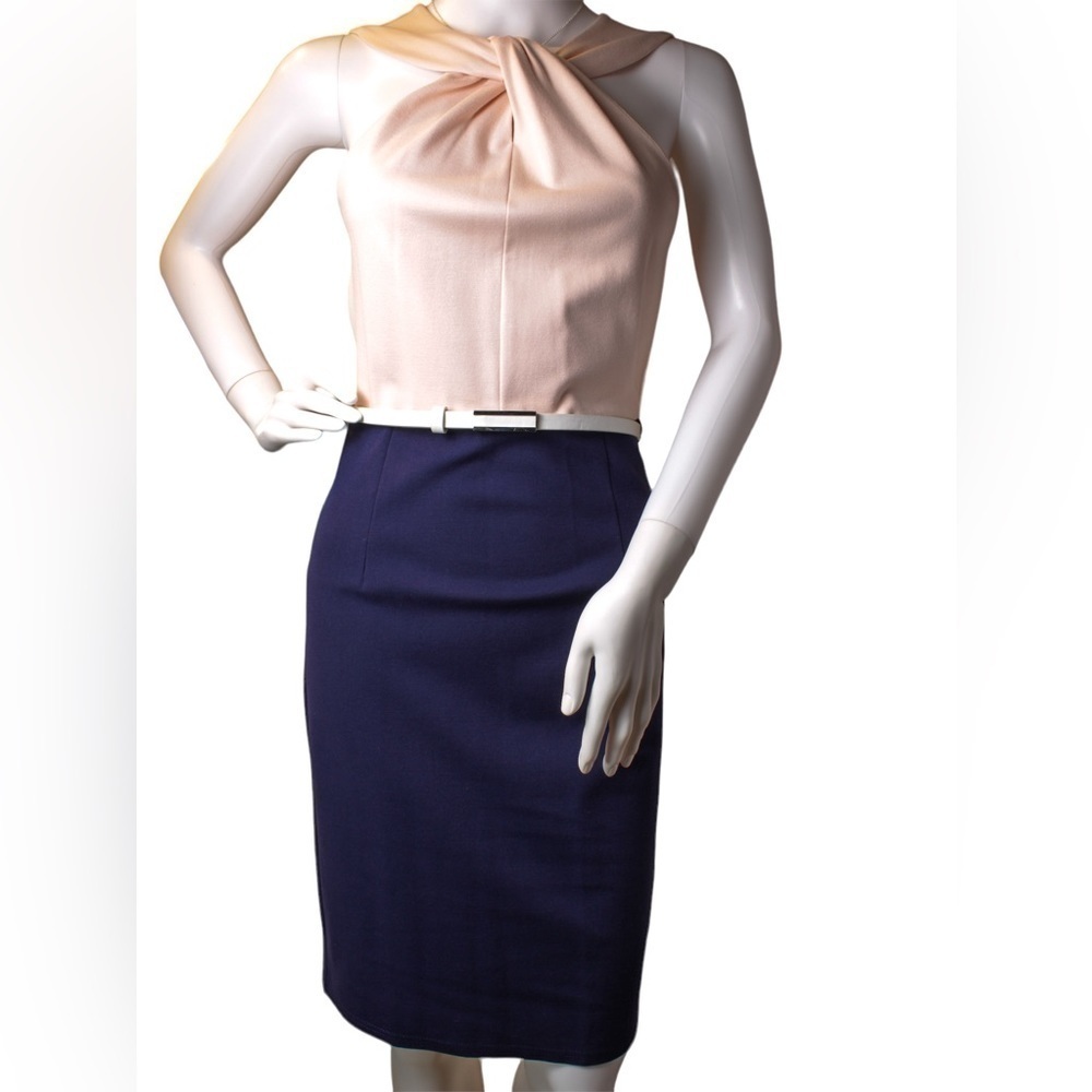 Navy & Peach Belted Twist-Front Neckline Fitted Dress Size 6